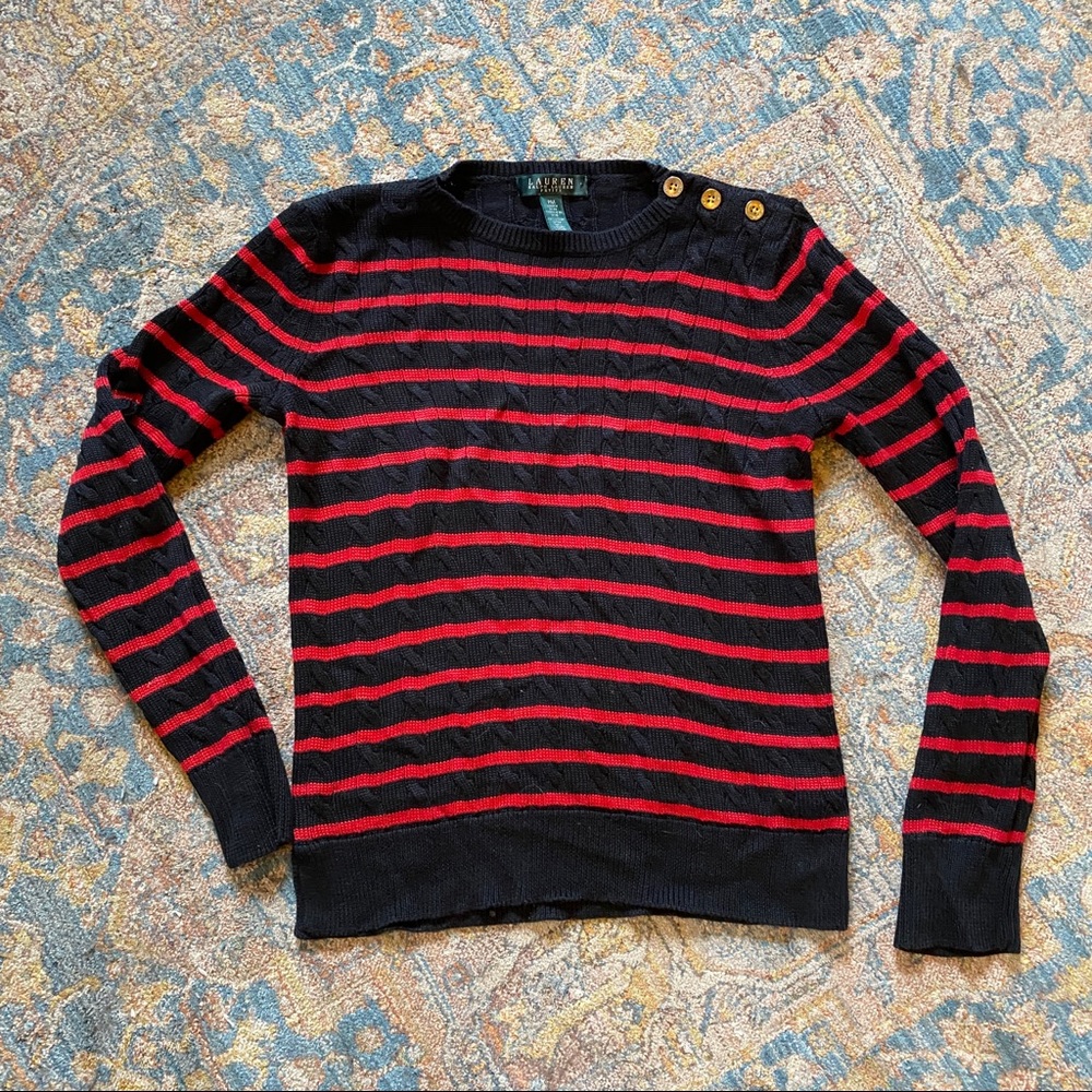 Lauren by Ralph Lauren Petite Striped Sweater with Gold Buttons